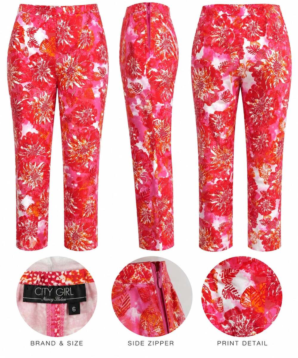 City Girl Nancy Bolen Floral Pants Size 6 Red Pink Orange Capri Cropped